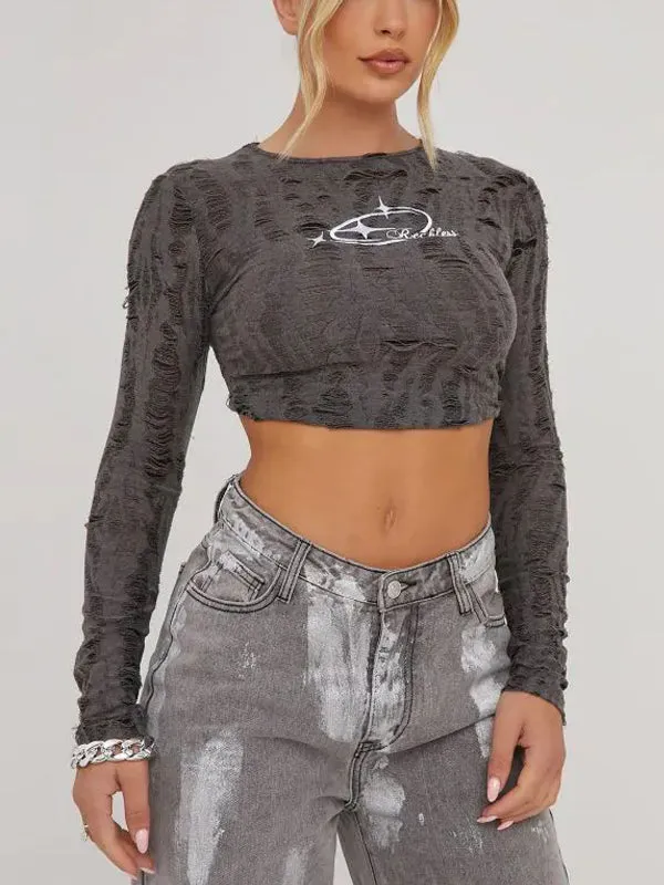 Plain Broken Holes Exposed Navel T-Shirt