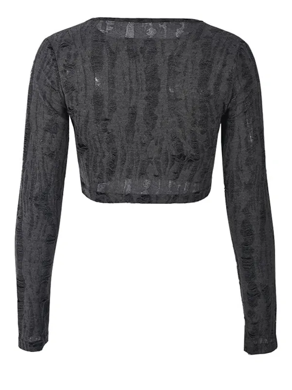 Plain Broken Holes Exposed Navel T-Shirt