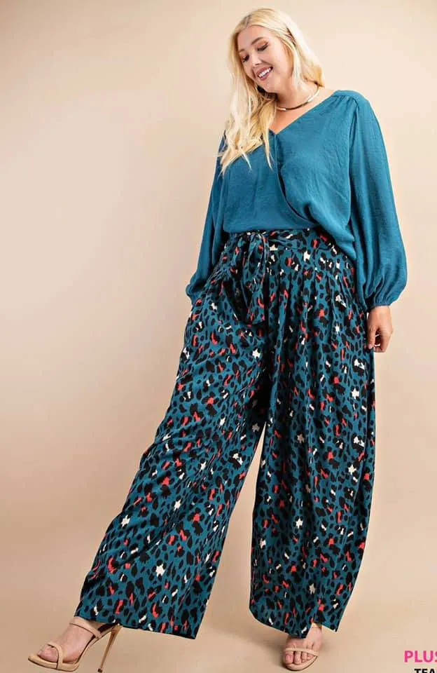 Plus Size Animal Print Palazzo Pants With Front Tie And Smocked Elastic Waist