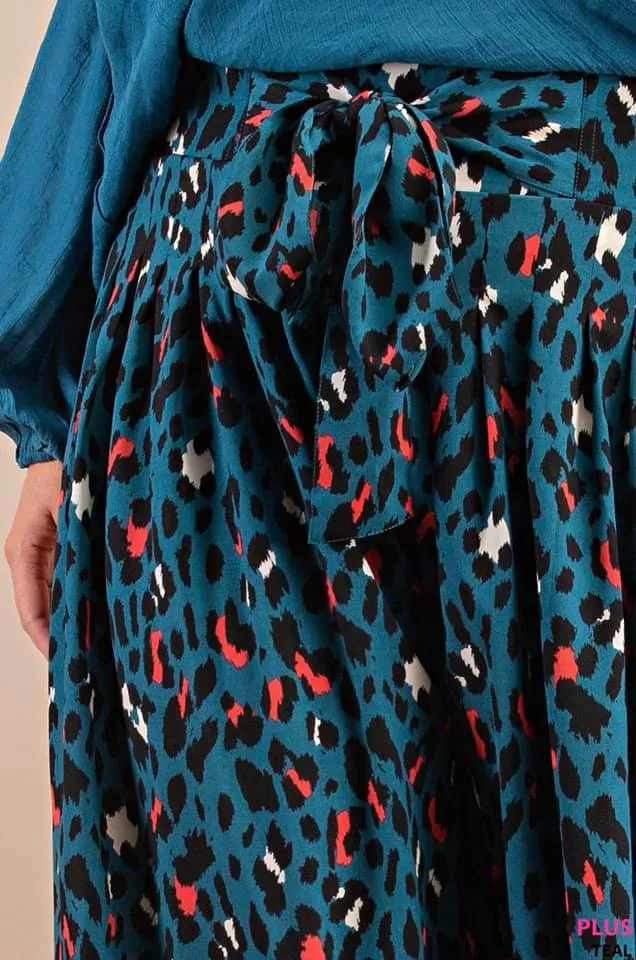 Plus Size Animal Print Palazzo Pants With Front Tie And Smocked Elastic Waist