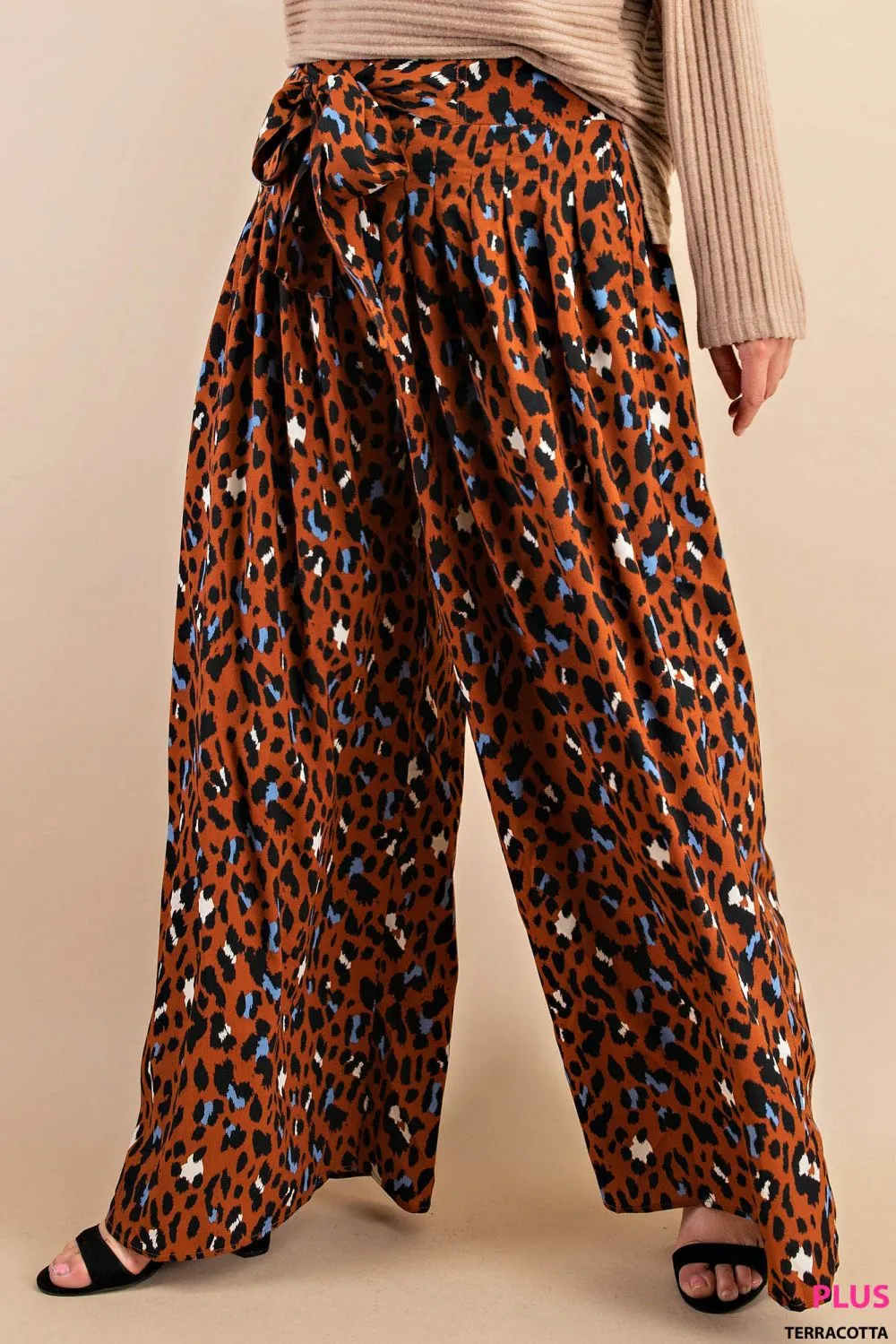 Plus Size Animal Print Palazzo Pants With Front Tie And Smocked Elastic Waist
