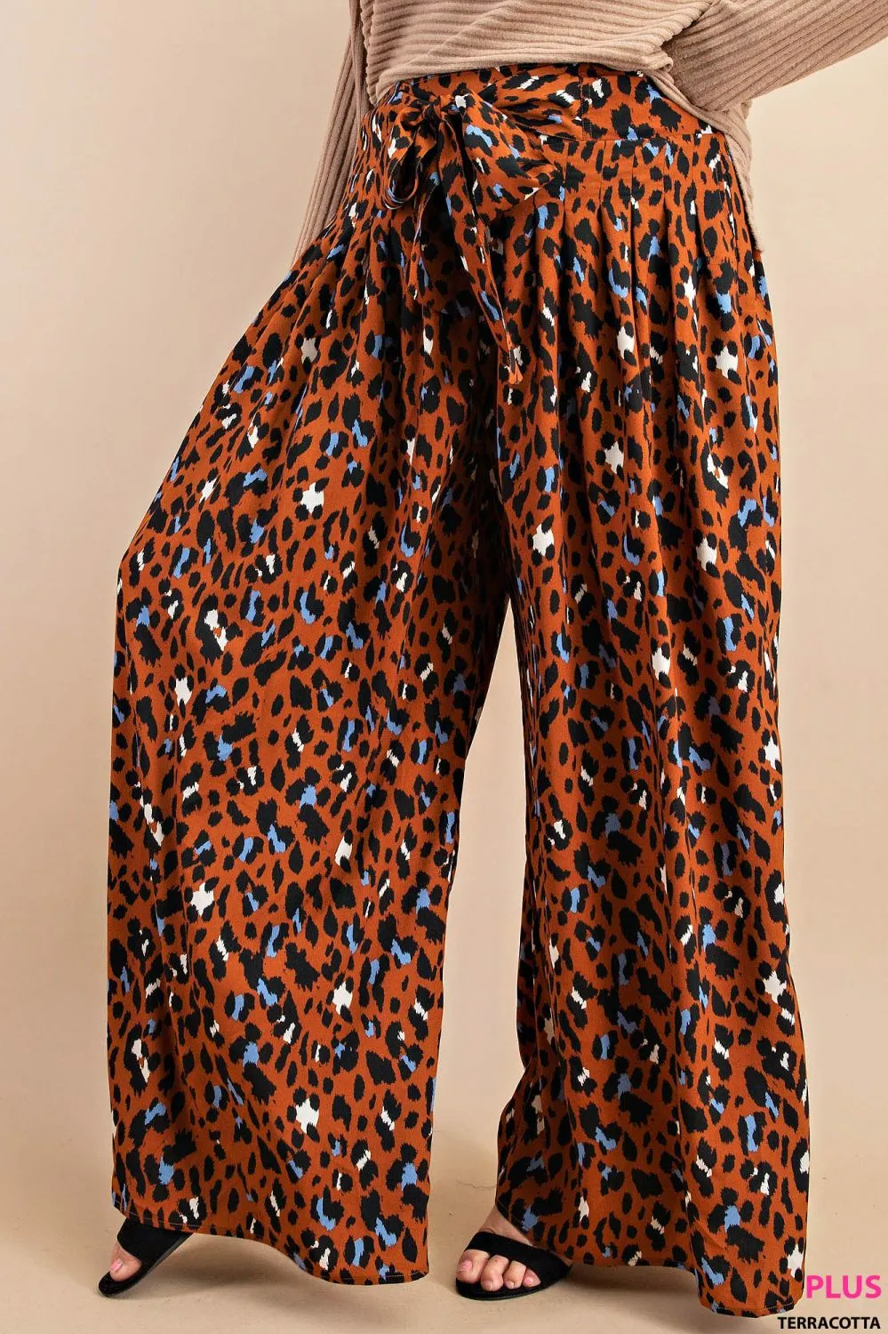 Plus Size Animal Print Palazzo Pants With Front Tie And Smocked Elastic Waist