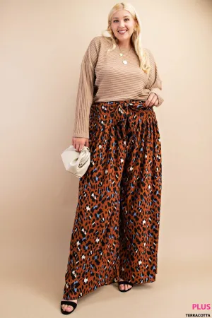 Plus Size Animal Print Palazzo Pants With Front Tie And Smocked Elastic Waist