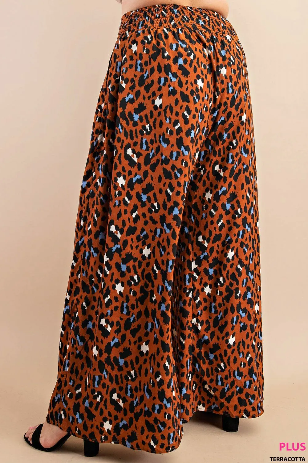 Plus Size Animal Print Palazzo Pants With Front Tie And Smocked Elastic Waist