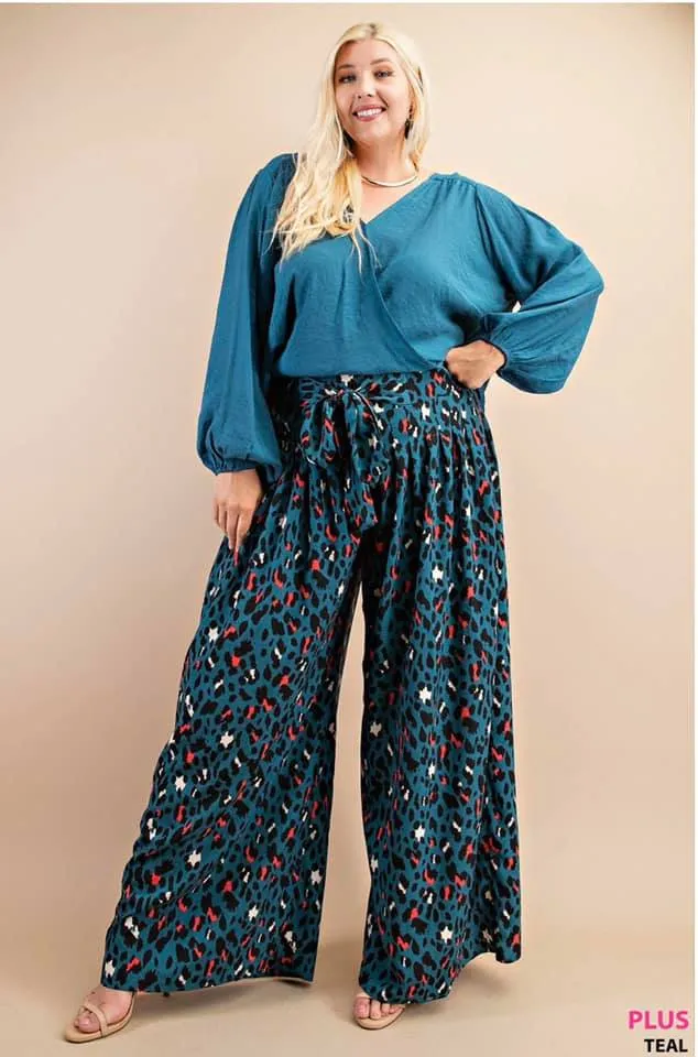 Plus Size Animal Print Palazzo Pants With Front Tie And Smocked Elastic Waist