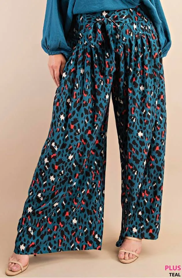 Plus Size Animal Print Palazzo Pants With Front Tie And Smocked Elastic Waist