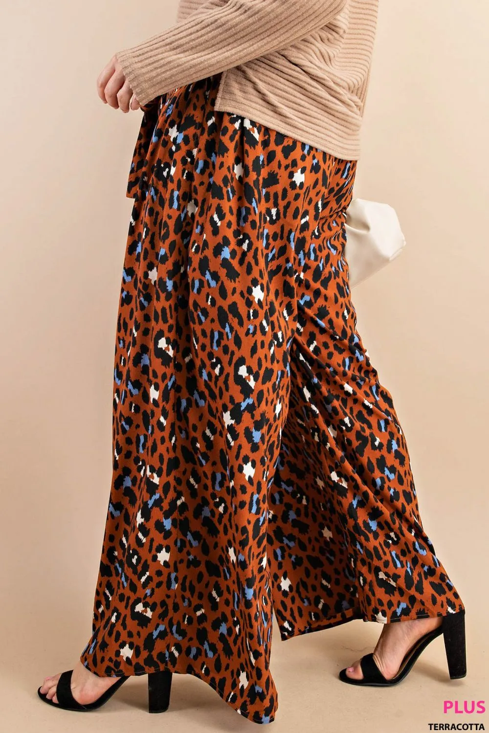 Plus Size Animal Print Palazzo Pants With Front Tie And Smocked Elastic Waist