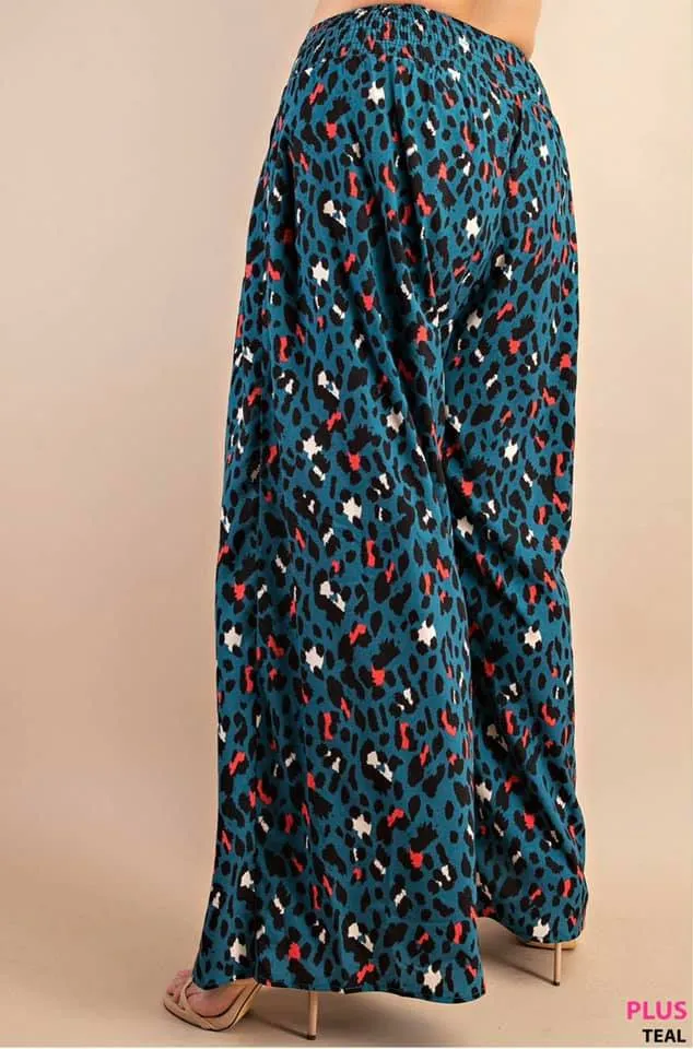 Plus Size Animal Print Palazzo Pants With Front Tie And Smocked Elastic Waist