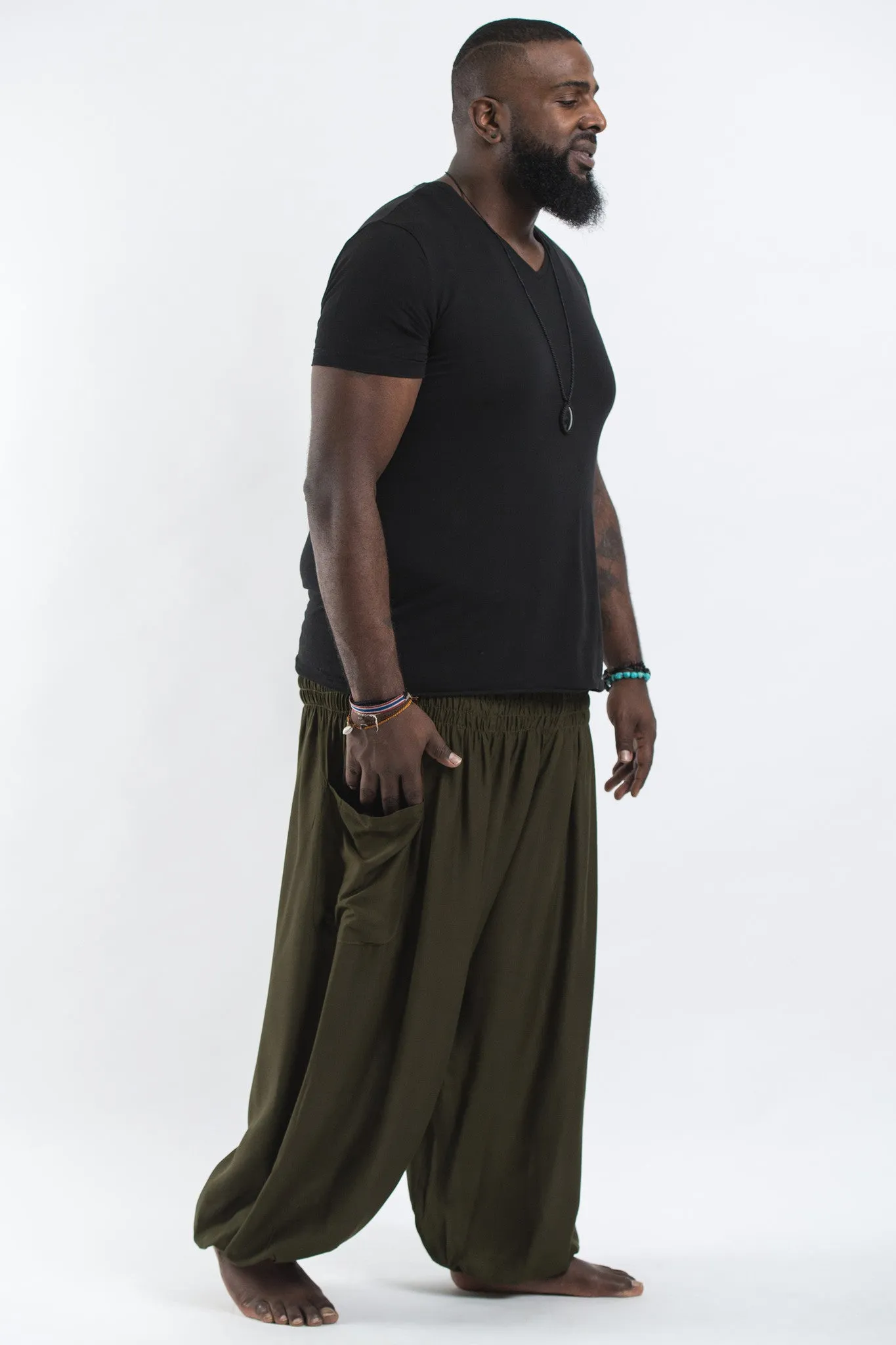 Plus Size Solid Color Men's Harem Pants in Green