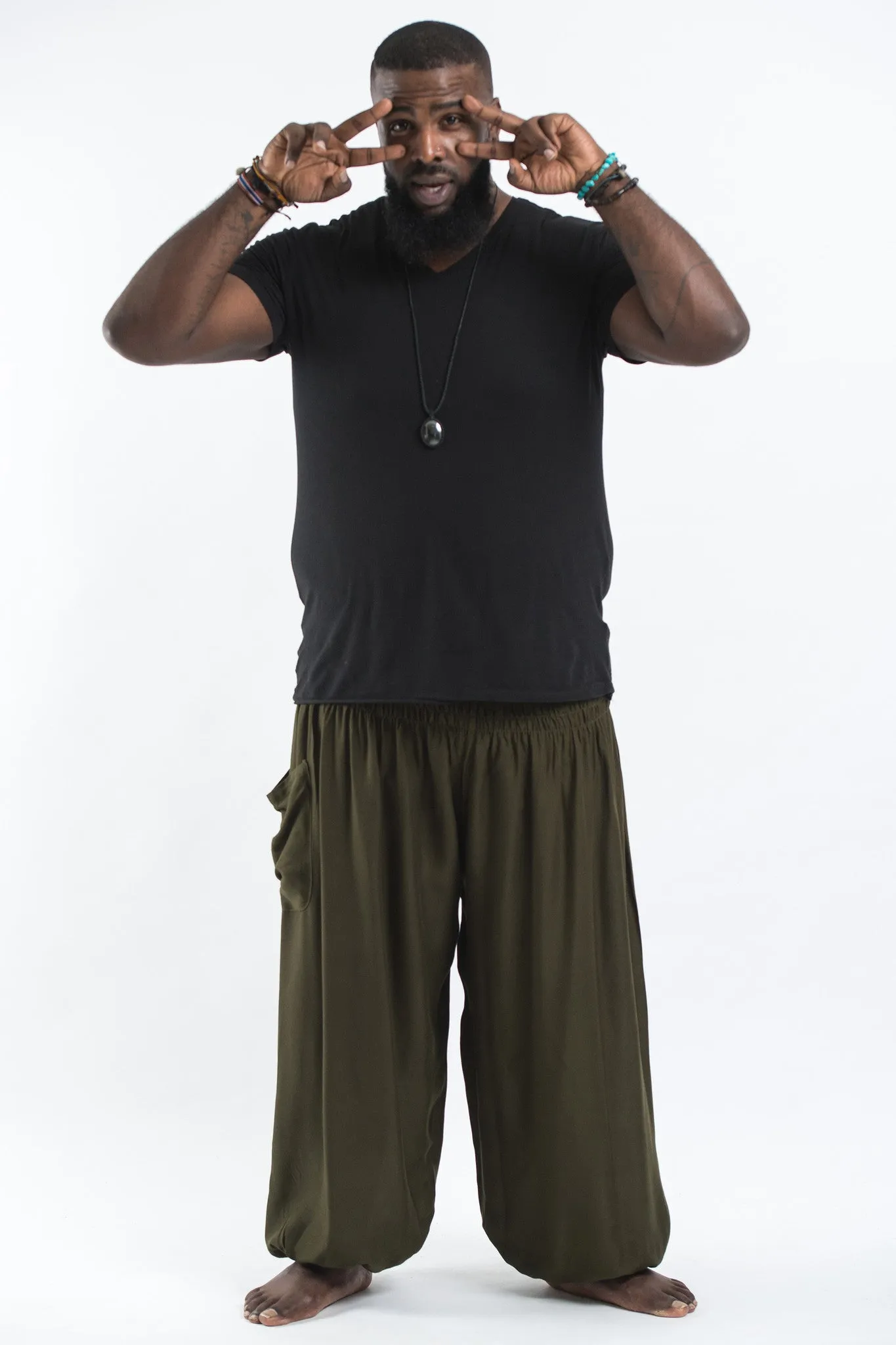 Plus Size Solid Color Men's Harem Pants in Green