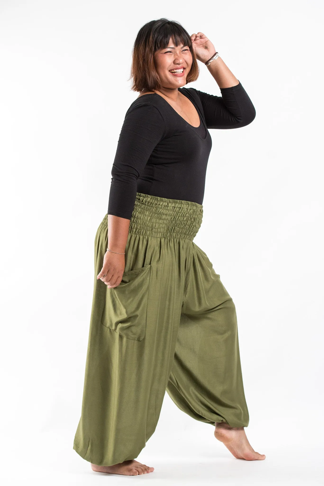 Plus Size Solid Color Women's Harem Pants in Olive