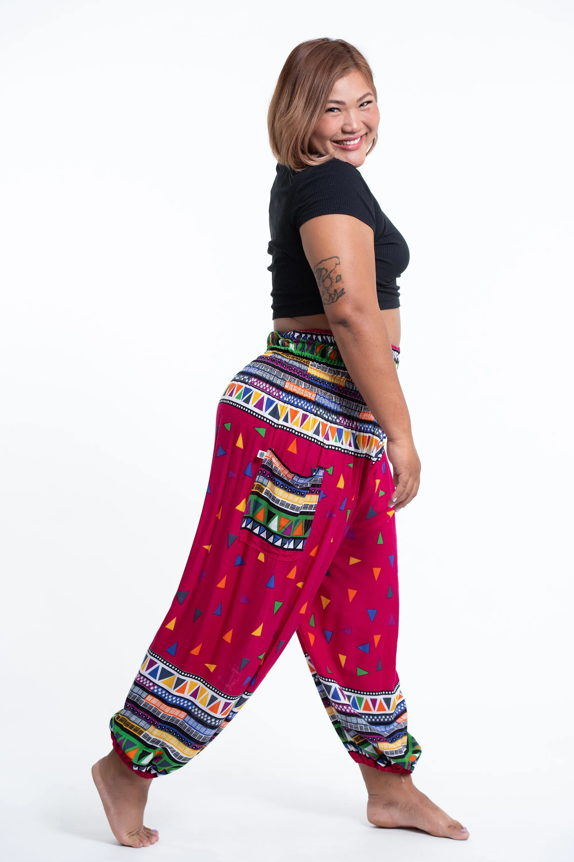 Plus Size Triangles Women's Harem Pants in Pink