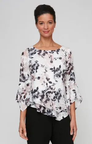 Printed Chiffon Blouse with Asymmetric Tiered Hem & Pointed Hem Sleeves