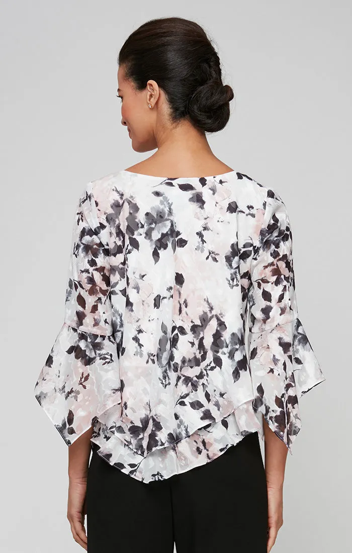 Printed Chiffon Blouse with Asymmetric Tiered Hem & Pointed Hem Sleeves