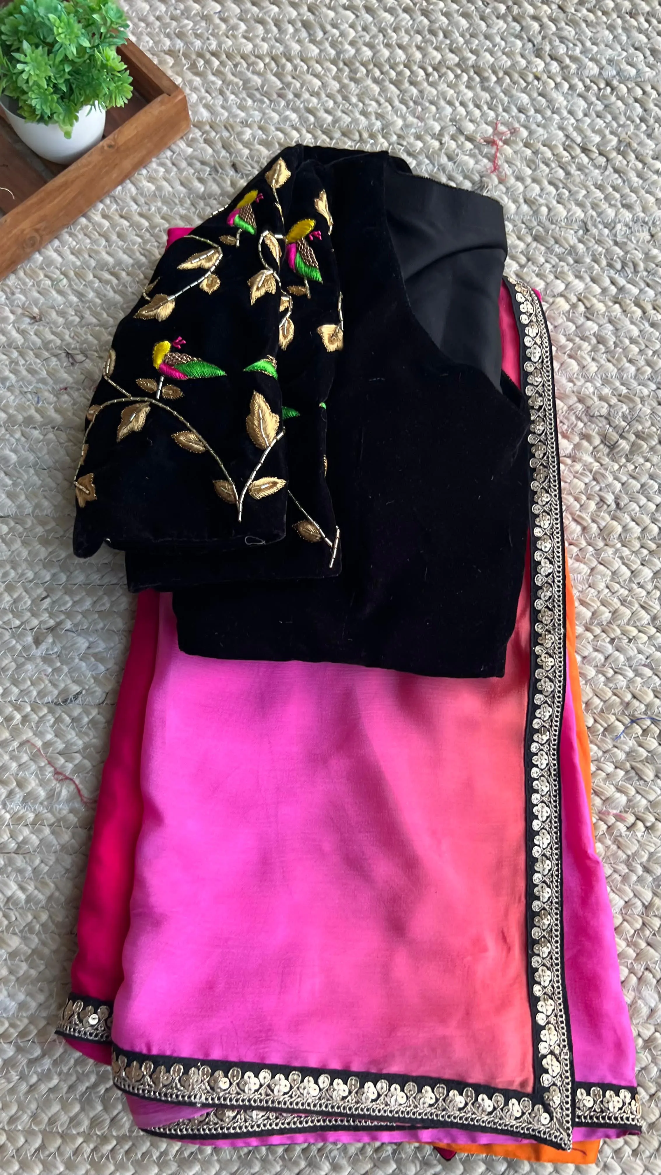 Red and pink chinnon saree with velvet handwork blouse