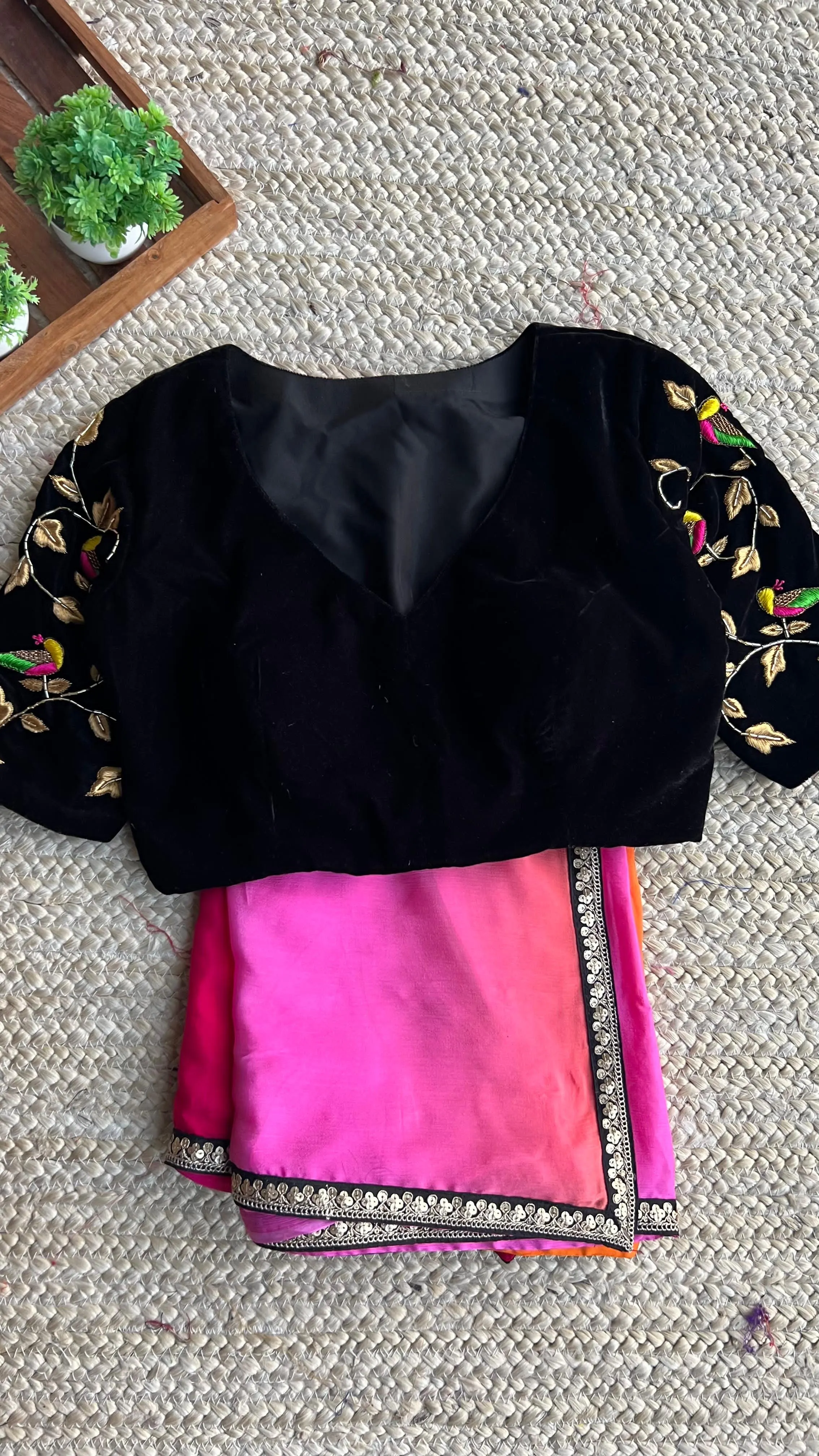 Red and pink chinnon saree with velvet handwork blouse