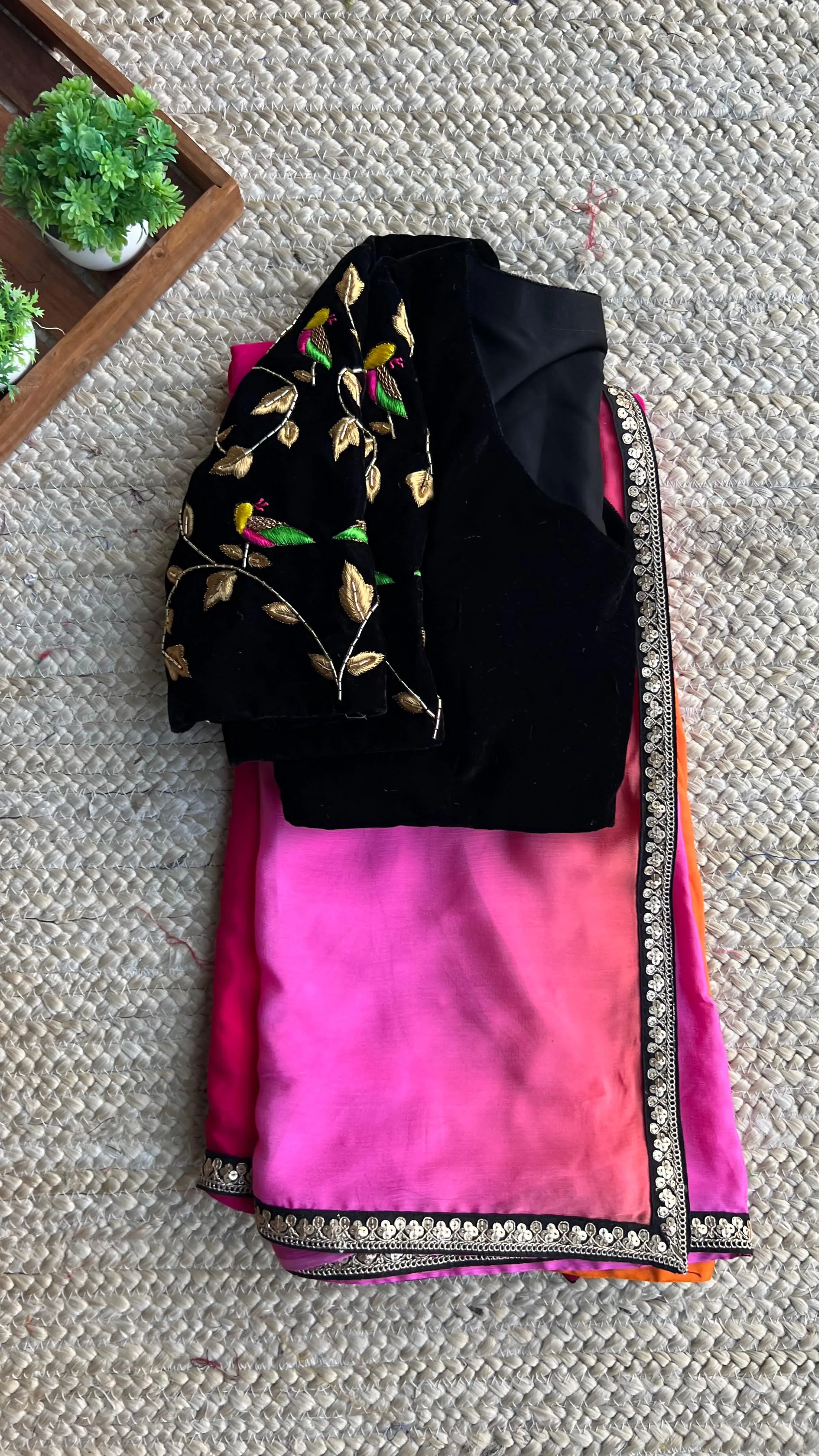 Red and pink chinnon saree with velvet handwork blouse