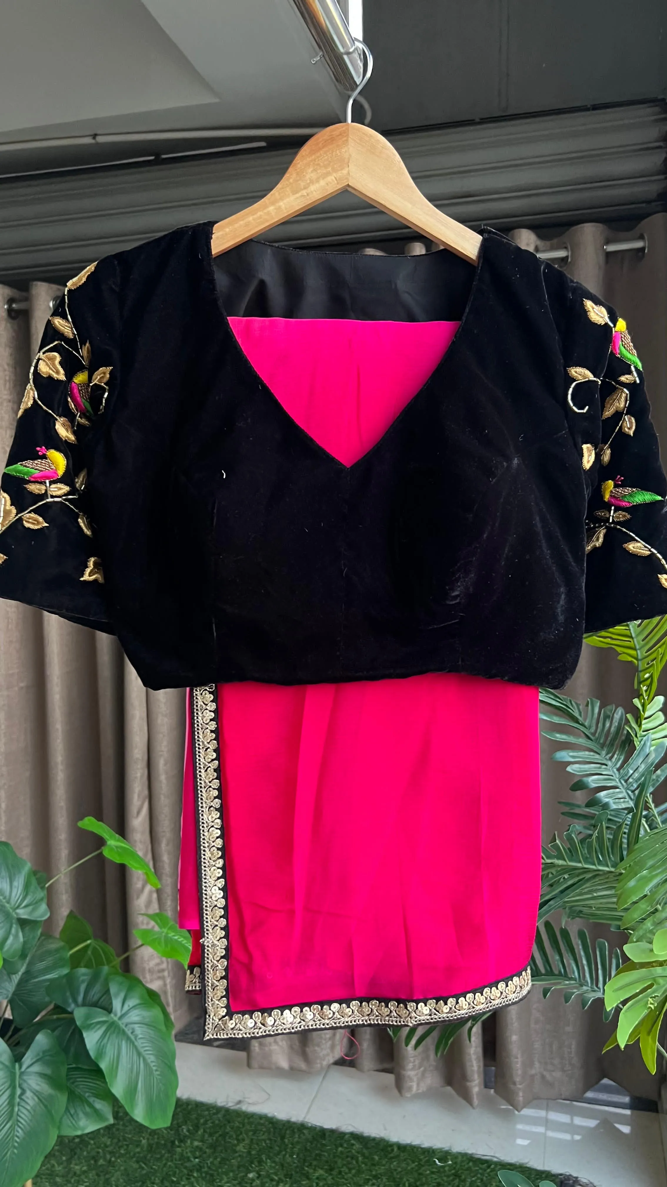 Red and pink chinnon saree with velvet handwork blouse