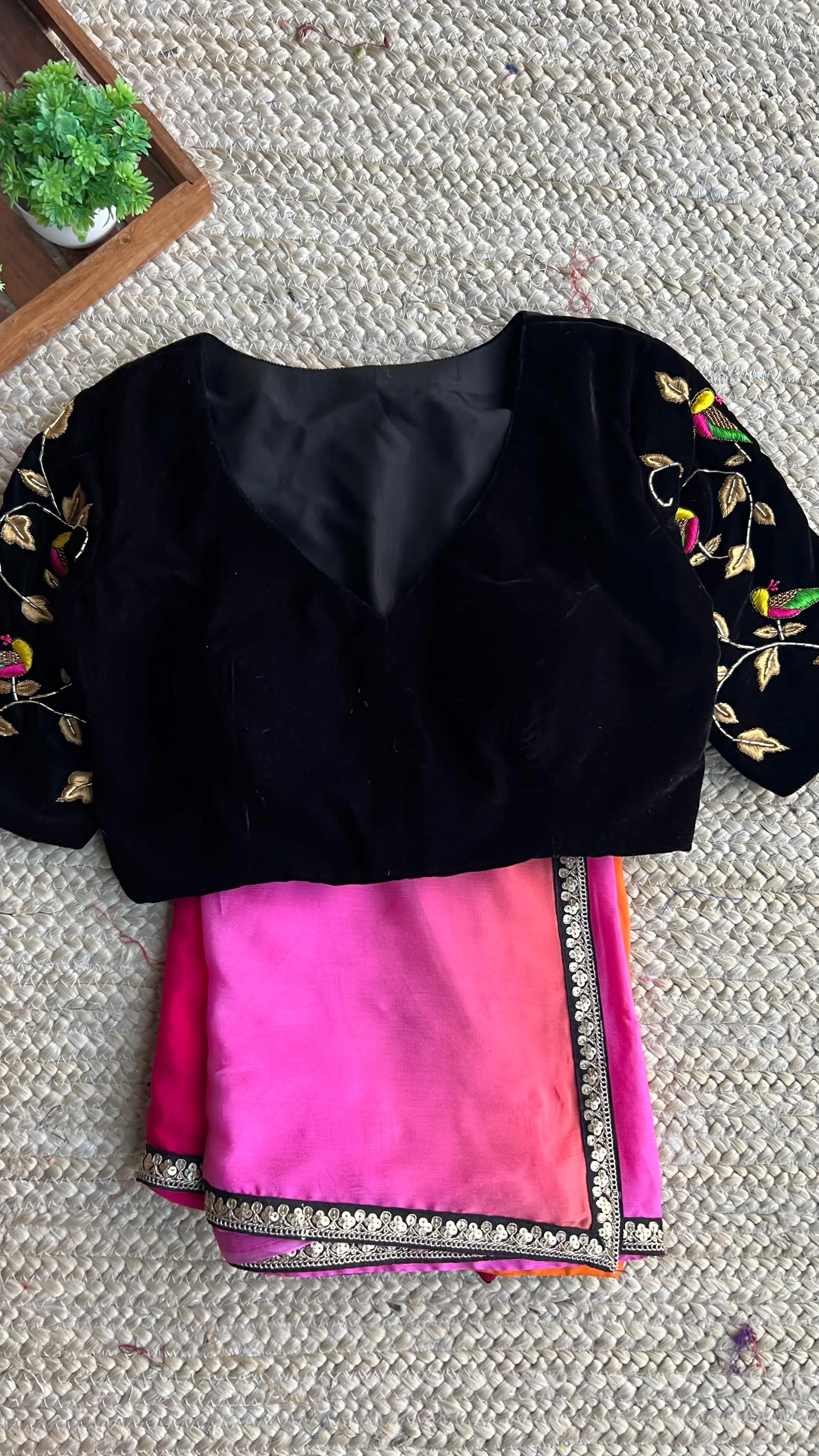 Red and pink chinnon saree with velvet handwork blouse