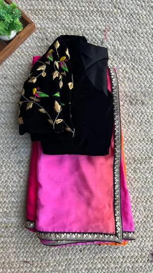 Red and pink chinnon saree with velvet handwork blouse