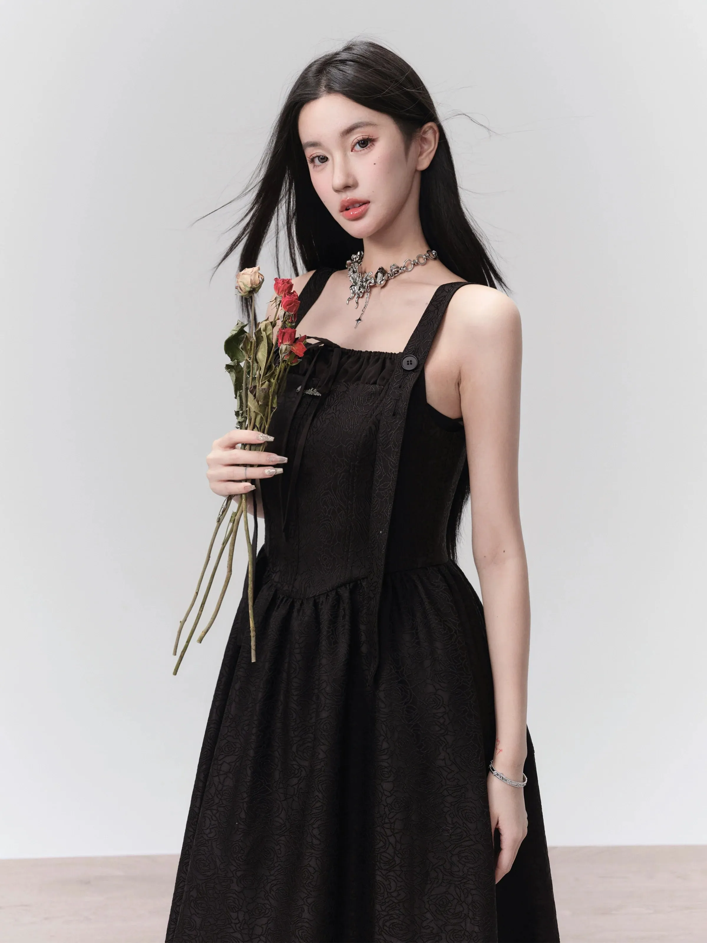 Romantic Contrast: Ruffled White Blouse and Black Midi Sundress Set