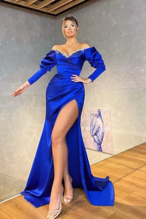 Royal Blue Long Sleeves Mermaid V-Neck Satin Prom Dress with Slit