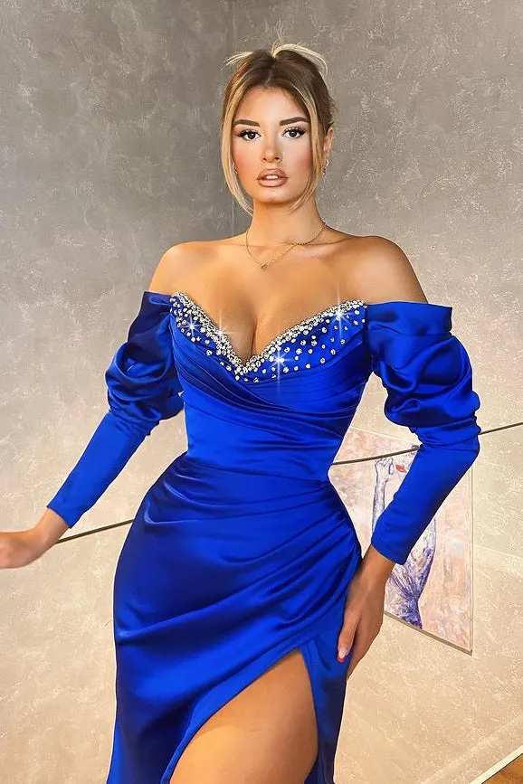 Royal Blue Long Sleeves Mermaid V-Neck Satin Prom Dress with Slit