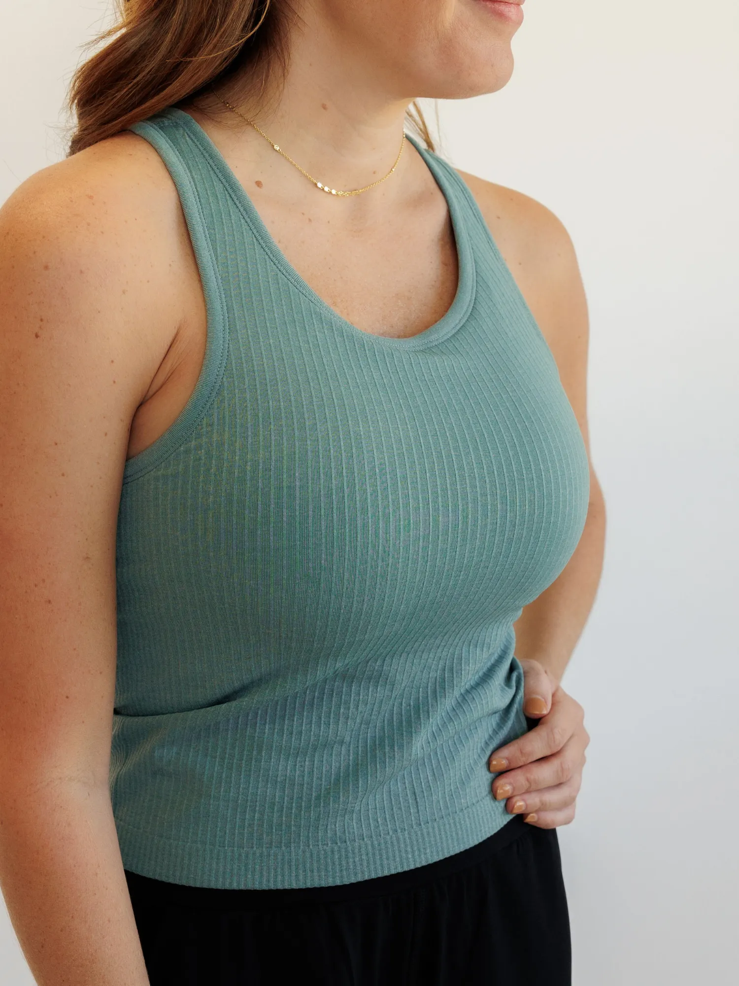 Sea Green Teal "Juliette" Ribbed Racerback Tank with Shelf Bra