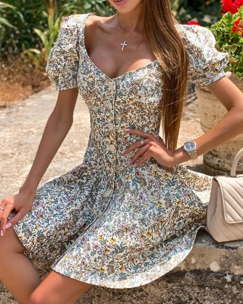 Sensual Printed V-Neck Buttoned Short Dress