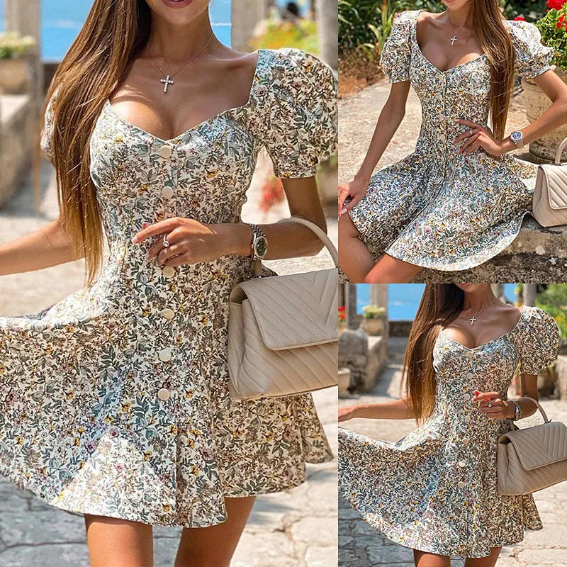 Sensual Printed V-Neck Buttoned Short Dress