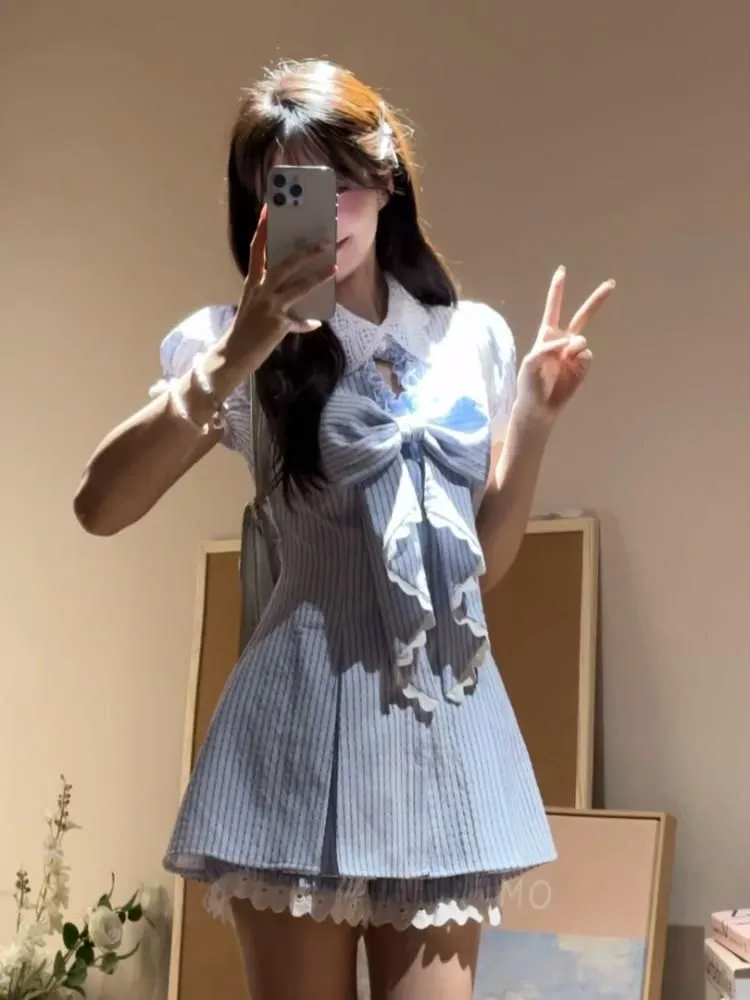 Set: Contrast Collar Plaid Bow Ruffle Pleated Mini A-Line Dress   Shorts