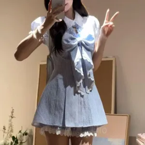 Set: Contrast Collar Plaid Bow Ruffle Pleated Mini A-Line Dress   Shorts