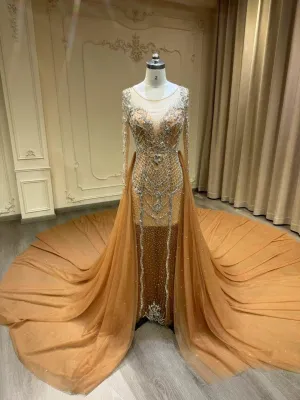 Sexy long sleeves sheer nude tulle mermaid removable train wedding dress,long sleeves prom couture prom dresses with handmade beaded rhinestones crystals,detachable mermaid engagement prom champagne dresses 2024