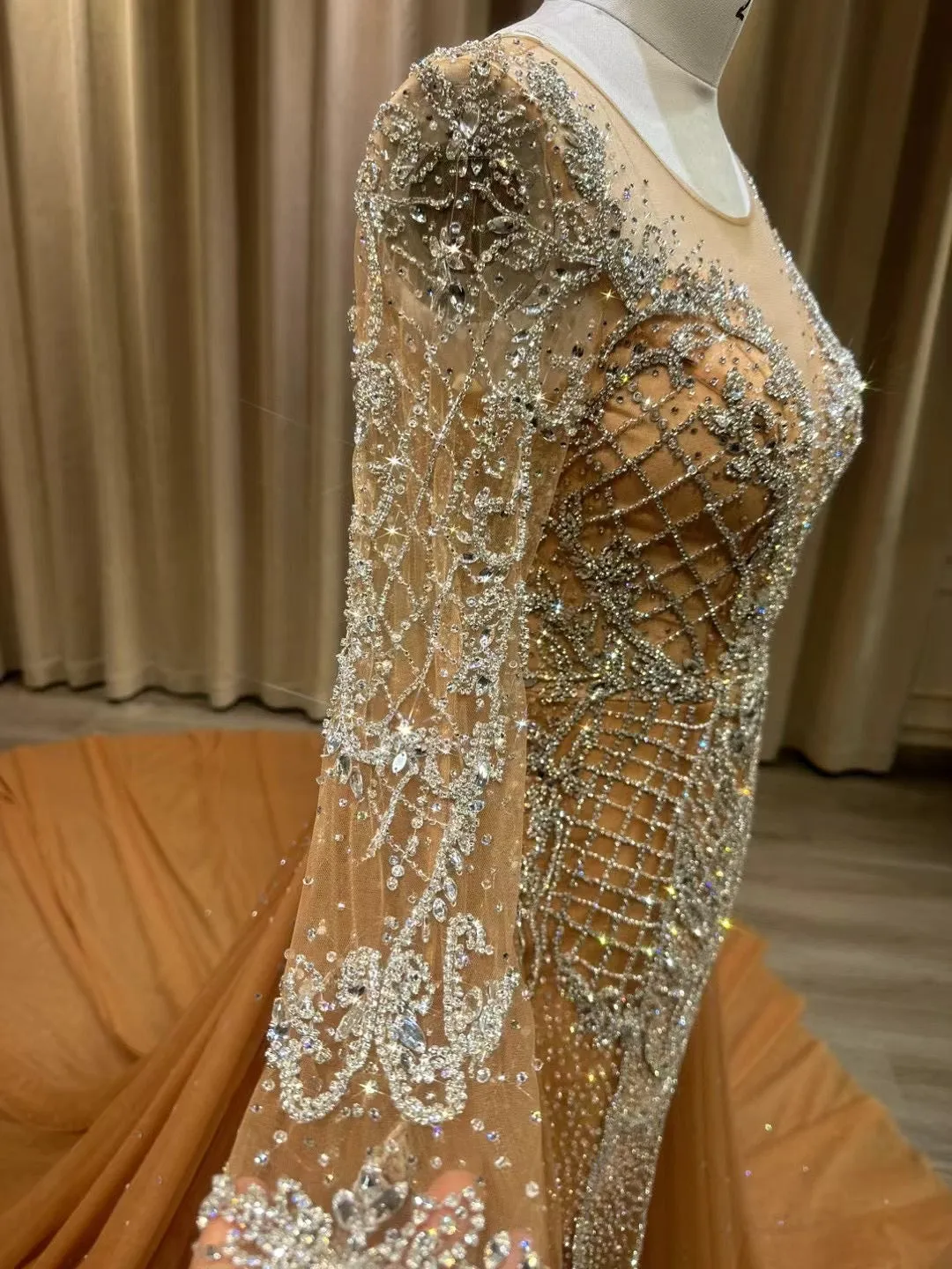 Sexy long sleeves sheer nude tulle mermaid removable train wedding dress,long sleeves prom couture prom dresses with handmade beaded rhinestones crystals,detachable mermaid engagement prom champagne dresses 2024