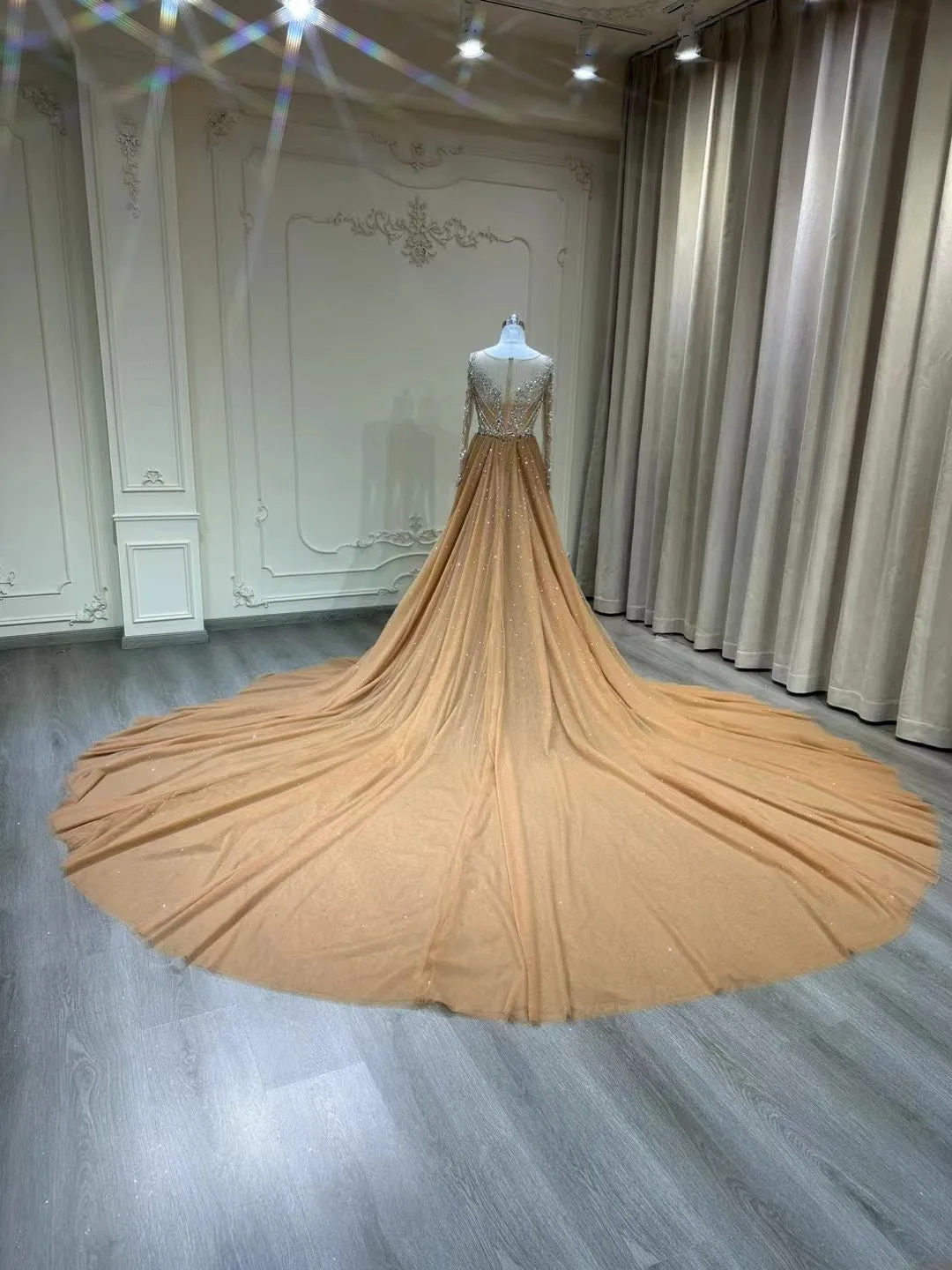 Sexy long sleeves sheer nude tulle mermaid removable train wedding dress,long sleeves prom couture prom dresses with handmade beaded rhinestones crystals,detachable mermaid engagement prom champagne dresses 2024