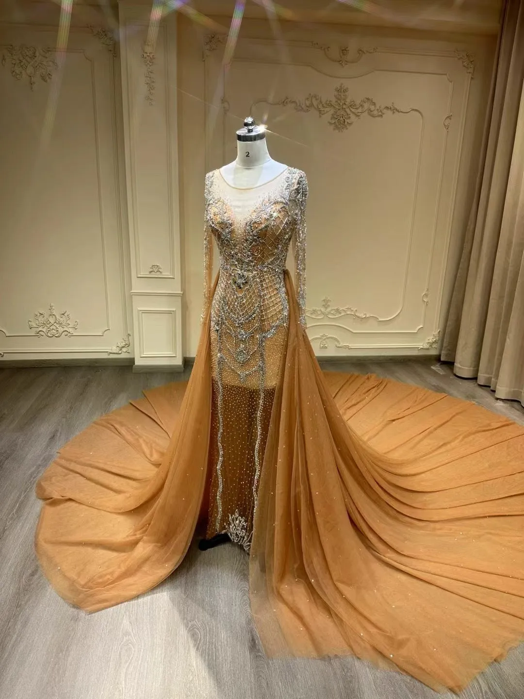 Sexy long sleeves sheer nude tulle mermaid removable train wedding dress,long sleeves prom couture prom dresses with handmade beaded rhinestones crystals,detachable mermaid engagement prom champagne dresses 2024