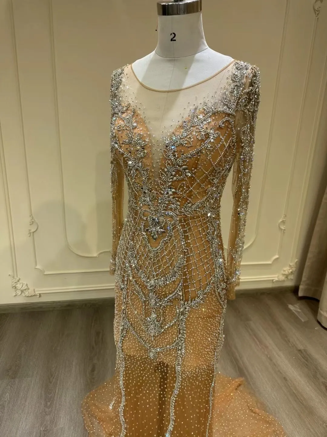 Sexy long sleeves sheer nude tulle mermaid removable train wedding dress,long sleeves prom couture prom dresses with handmade beaded rhinestones crystals,detachable mermaid engagement prom champagne dresses 2024