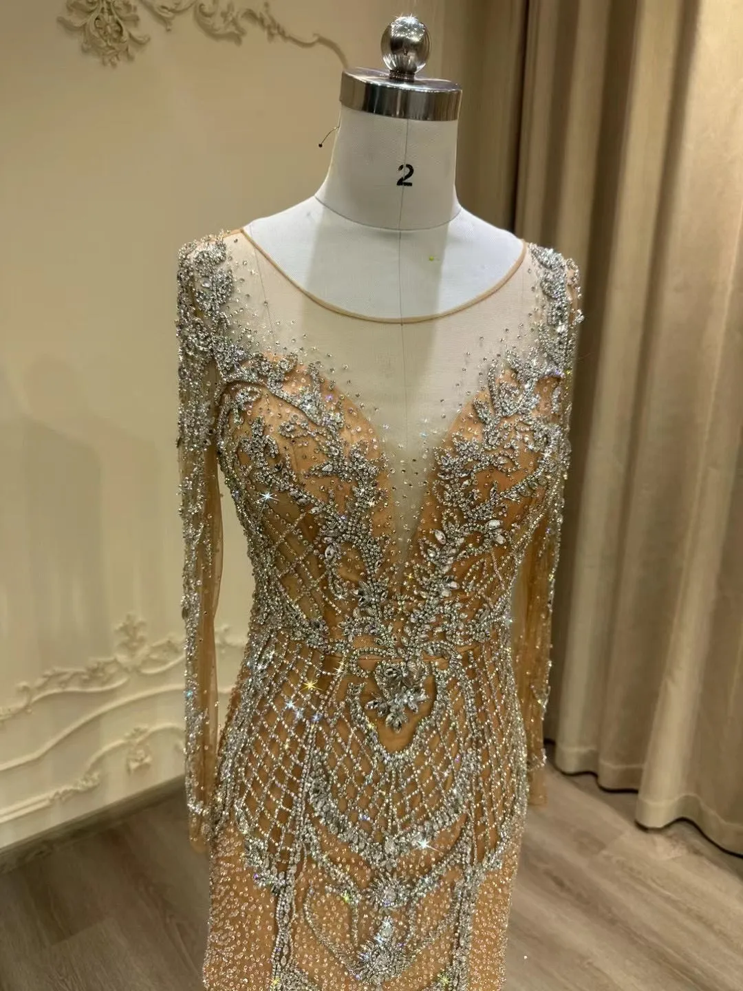 Sexy long sleeves sheer nude tulle mermaid removable train wedding dress,long sleeves prom couture prom dresses with handmade beaded rhinestones crystals,detachable mermaid engagement prom champagne dresses 2024
