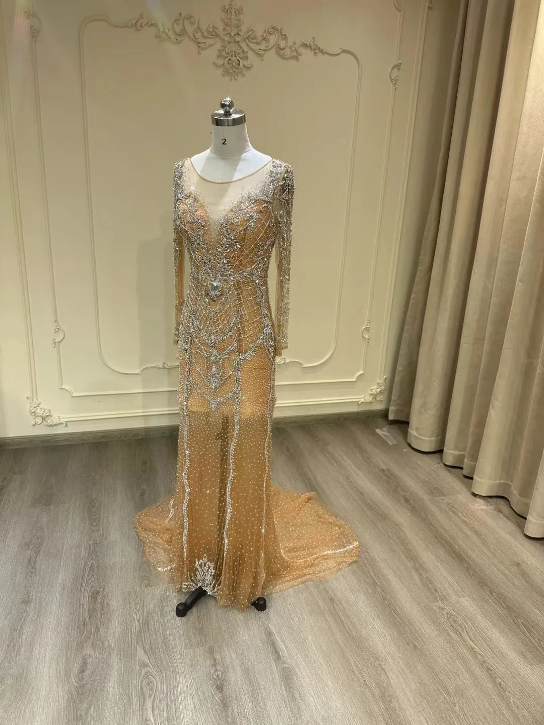 Sexy long sleeves sheer nude tulle mermaid removable train wedding dress,long sleeves prom couture prom dresses with handmade beaded rhinestones crystals,detachable mermaid engagement prom champagne dresses 2024