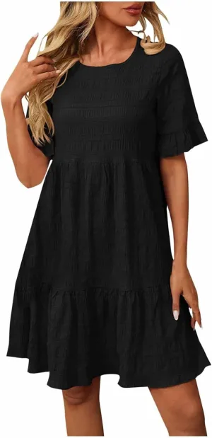 Short Sleeve Ruffle Boho Dress for Women, 2025 Trendy Vacation Bohemian Dresses Elegant Crew Neck Sundress