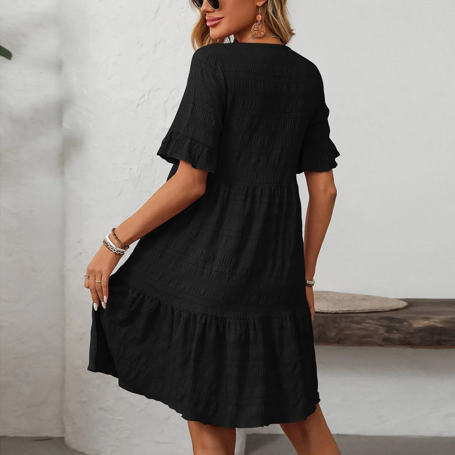 Short Sleeve Ruffle Boho Dress for Women, 2025 Trendy Vacation Bohemian Dresses Elegant Crew Neck Sundress