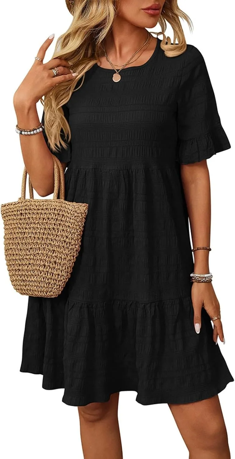 Short Sleeve Ruffle Boho Dress for Women, 2025 Trendy Vacation Bohemian Dresses Elegant Crew Neck Sundress