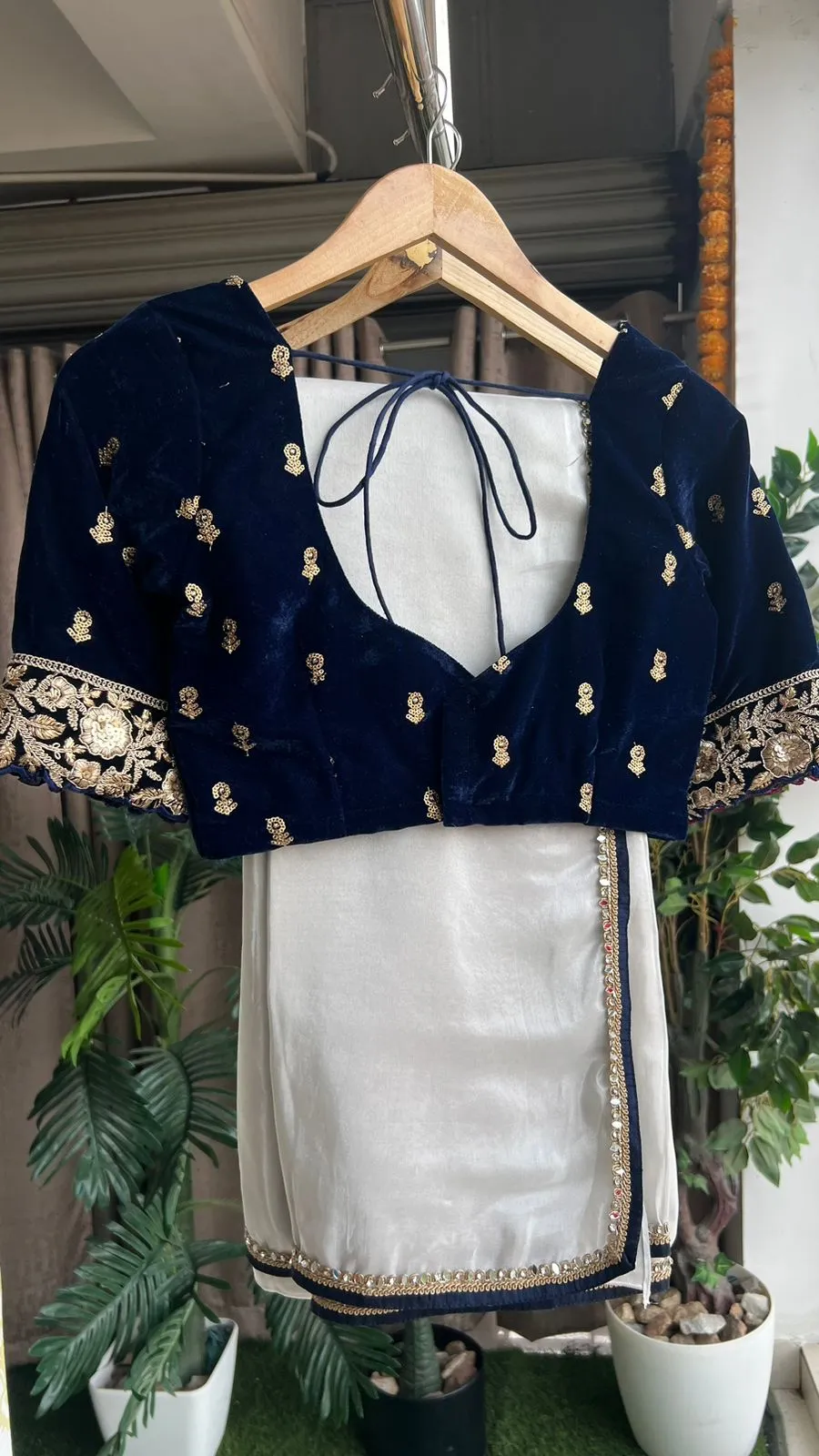 Silver tissue saree with velvet embroidery blouse