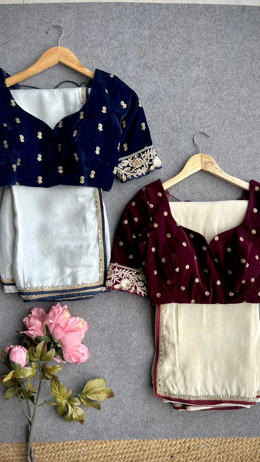 Silver tissue saree with velvet embroidery blouse