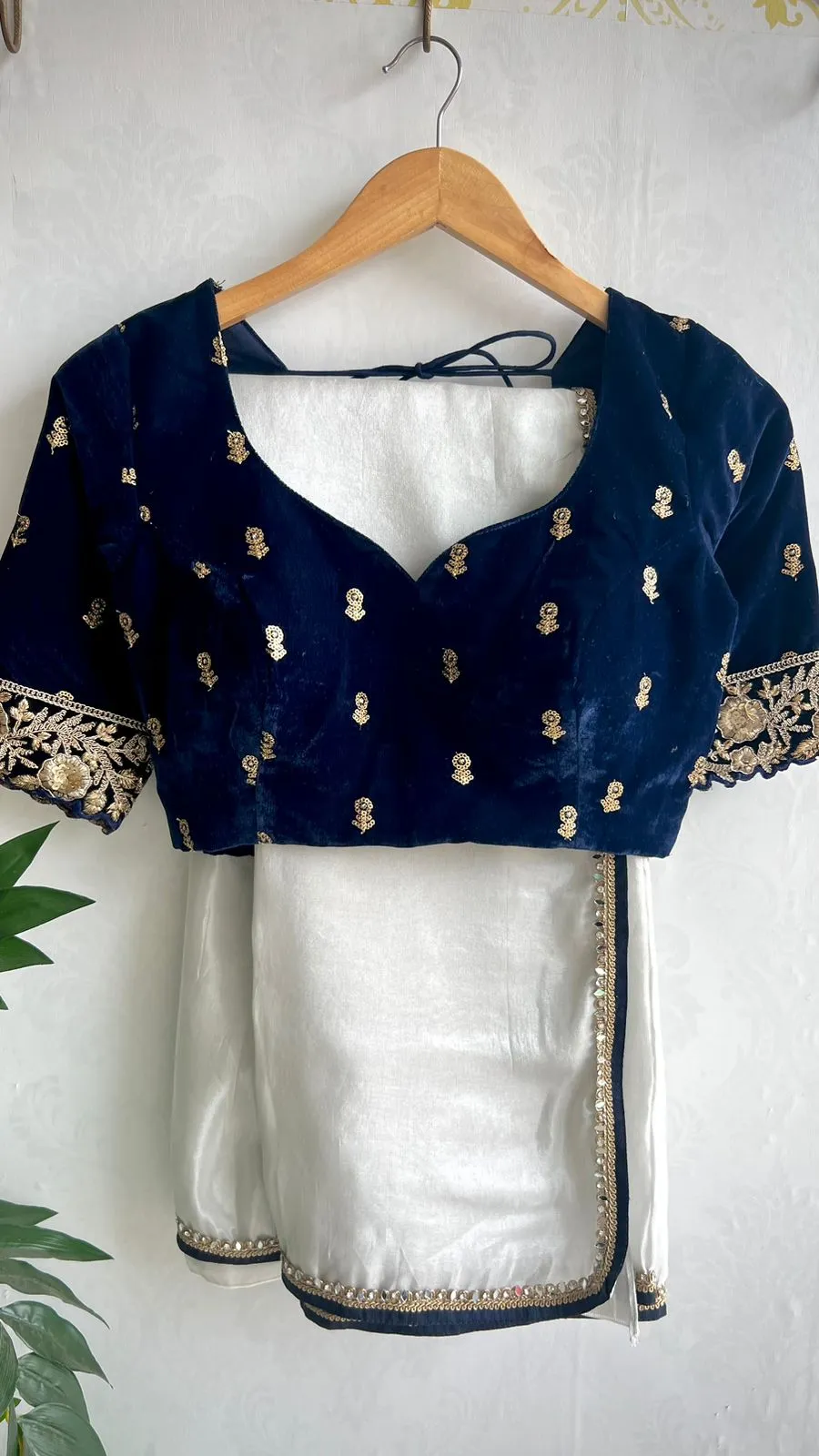 Silver tissue saree with velvet embroidery blouse