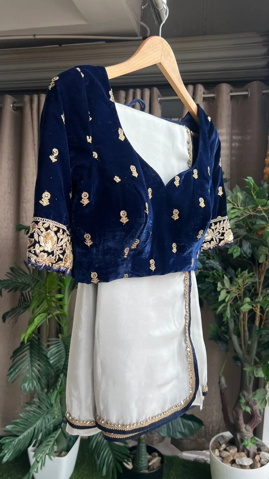 Silver tissue saree with velvet embroidery blouse