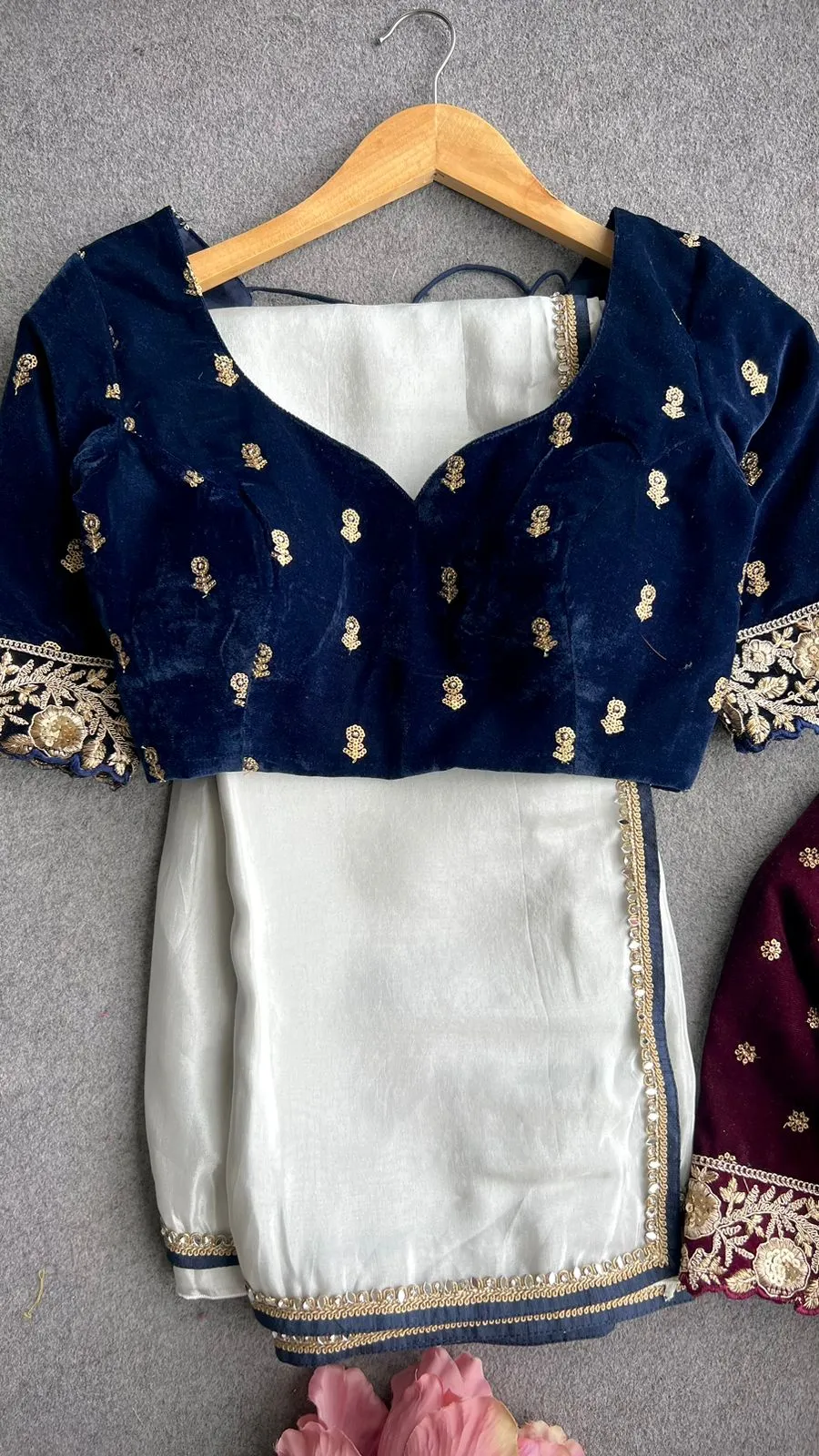 Silver tissue saree with velvet embroidery blouse