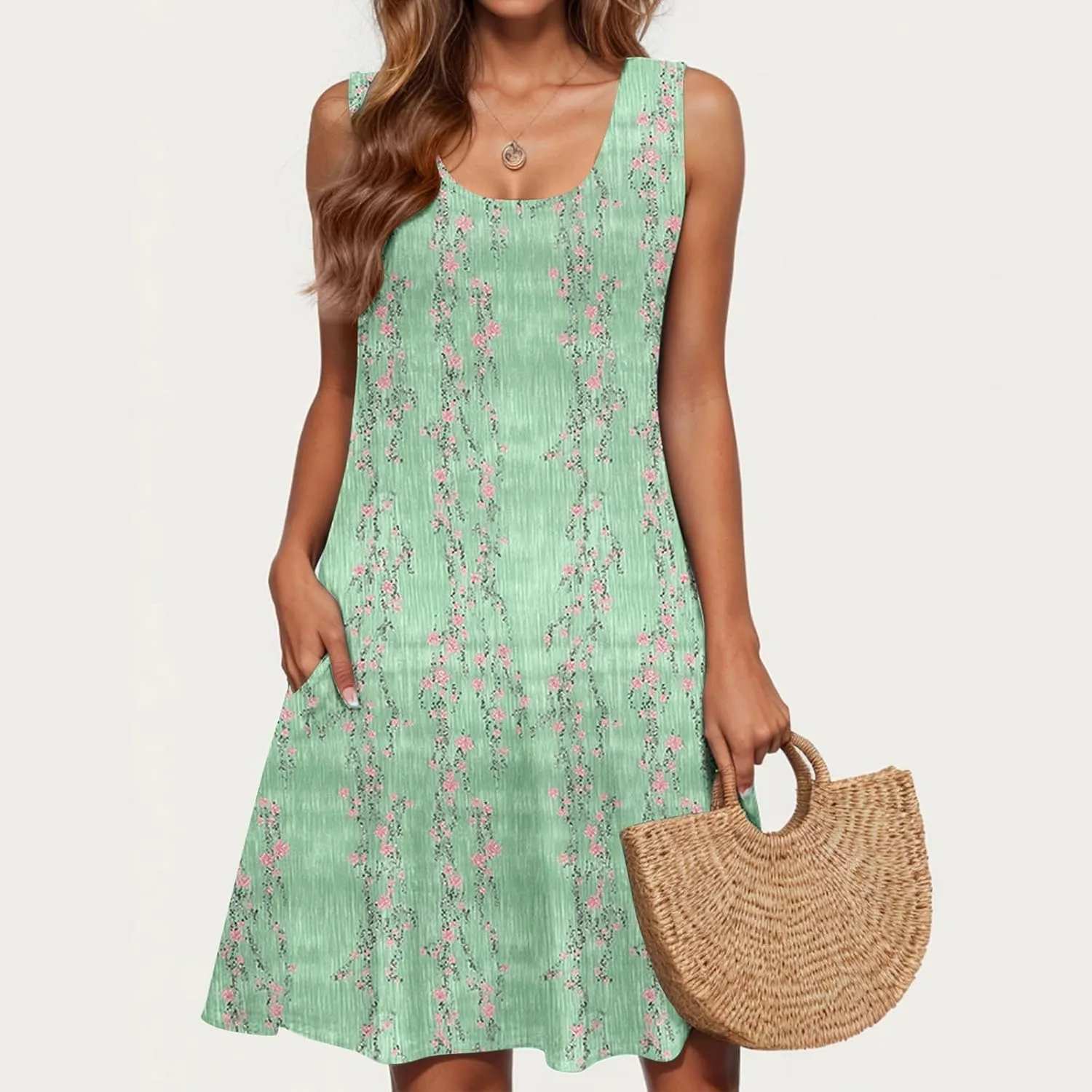 Sleeveless A-Line Sundress for Women V-Neck Casual Summer Mini Dress with Pockets Lightweight Flowy Dresses