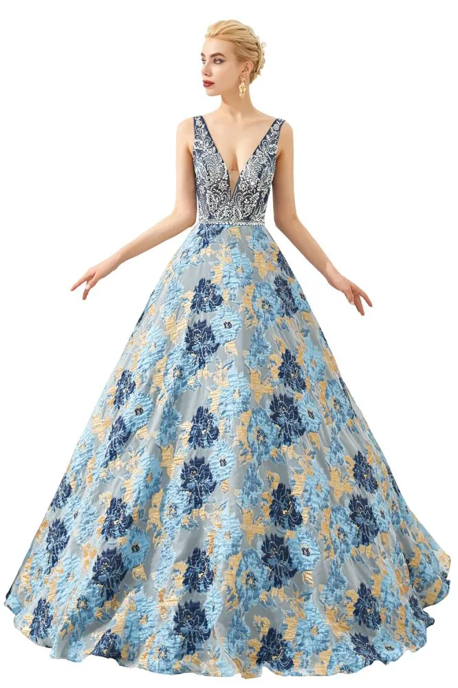 Sleeveless Aline Evening Dress V-Neck Flower Floor Length Prom Dress
