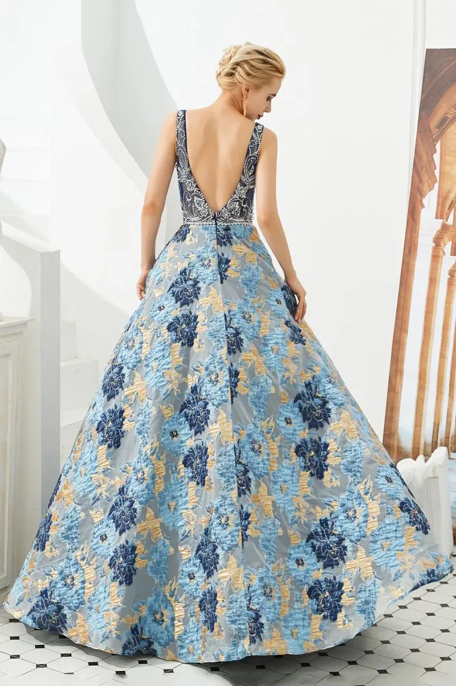 Sleeveless Aline Evening Dress V-Neck Flower Floor Length Prom Dress